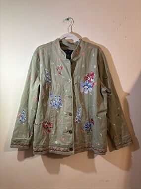 Denim & Co. Embroidered jacket women’s XL Olive Green Floral Button-Up‎ Jacket